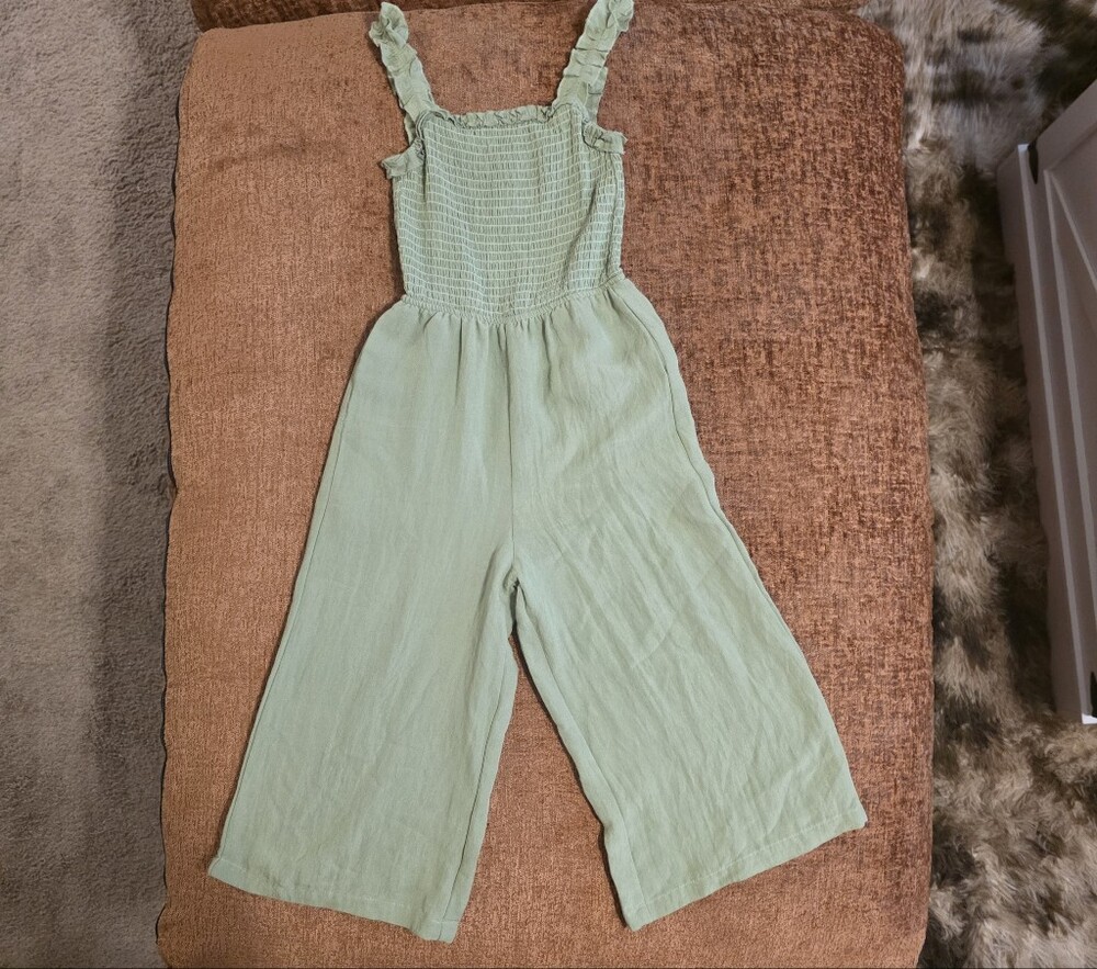 Girls Chelsea & Violet Sage Green Smocked Wide-Leg One-Piece-Medium